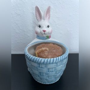 Avon Easter Bunny Rabbit with Blue Basket Ceramic Vintage 1999 Candleholder.